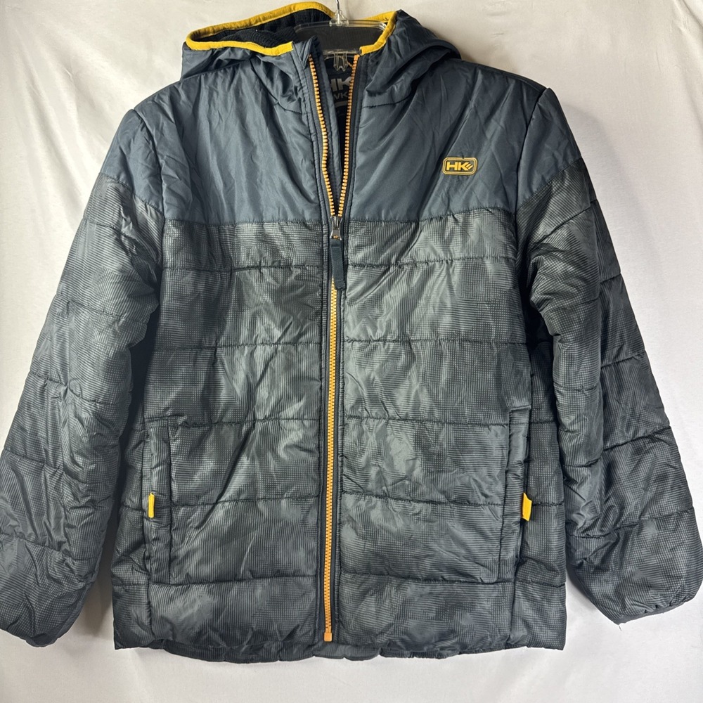 HK Hawke & Co Jacket Boys Size 10/12 Gray Navy Hooded‎ Lined Puffer Outdoors